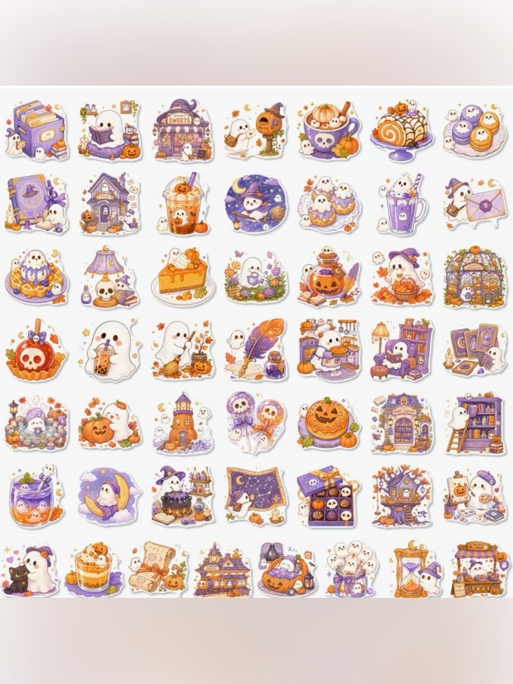 50 Halloween Cute Ghost Stickers Purple Orange Reading Baking Cleaning Desserts - Picture 11 of 16